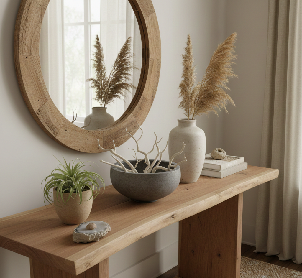 Sophisticated decor arrangement with natural materials