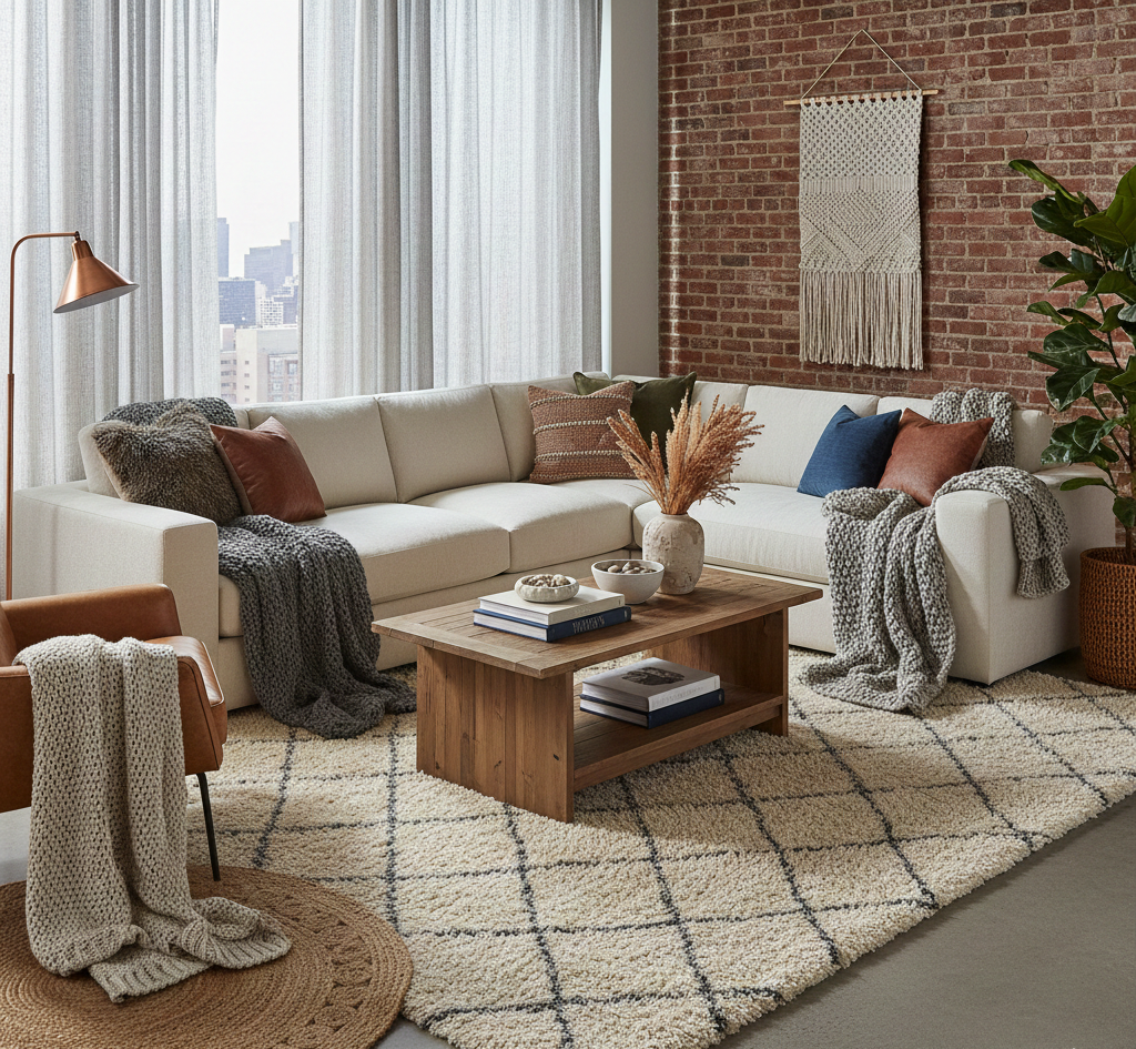 Professionally styled living space with layered textures